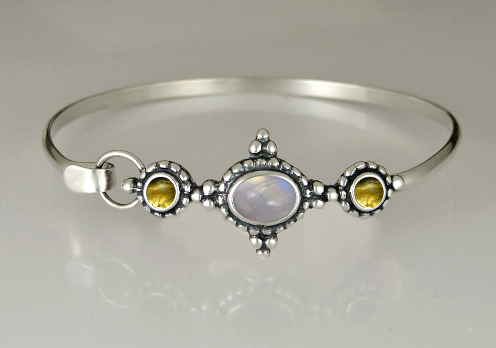 Sterling Silver Strap Latch Spring Hook Bangle Bracelet With Rainbow Moonstone And Citrine
